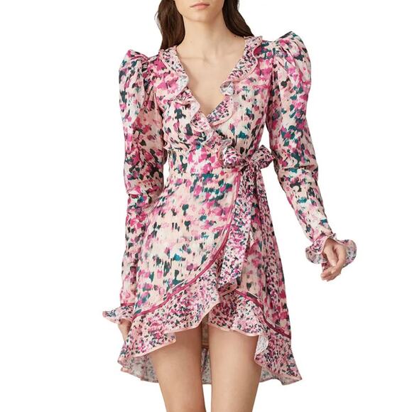 Rococo Sand Mimi Wrap Dress Print Pink Ruffle Long Puff Sleeve V-Neck Sz L - Picture 1 of 12